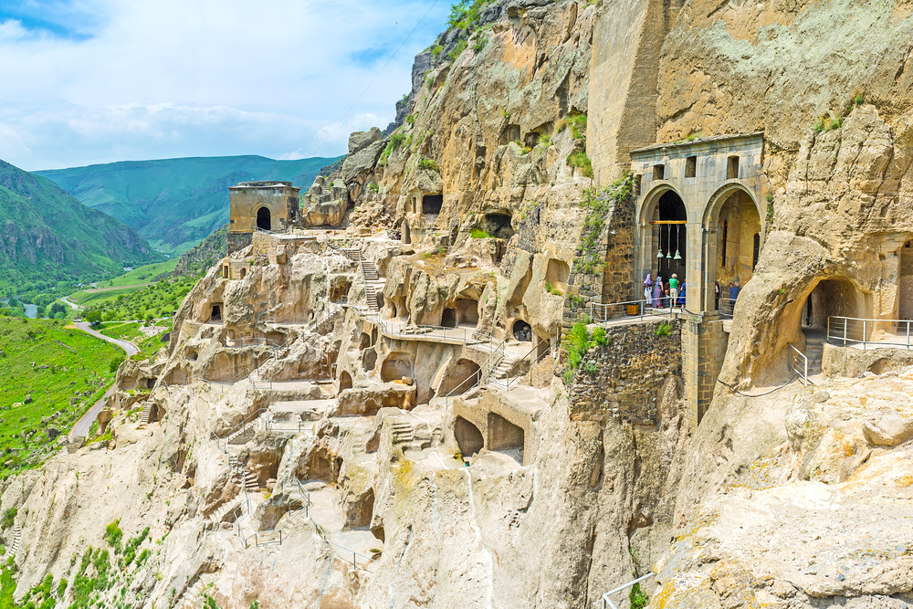 The rocky slope of Erusheti Mount is indented with monastery's caves, Vardzia, Samtskhe-Javakheti Region, Georgia.