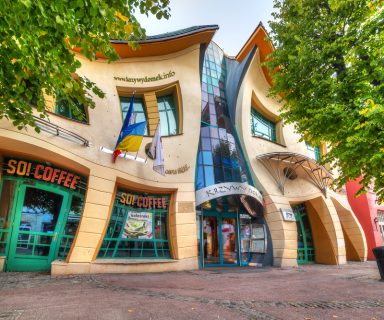 The Crooked house on the Heroes of Monte Cassino street in Sopot, Poland. The Crooked House is an irregularly-shaped, one of fifty strangest buildings of the world.