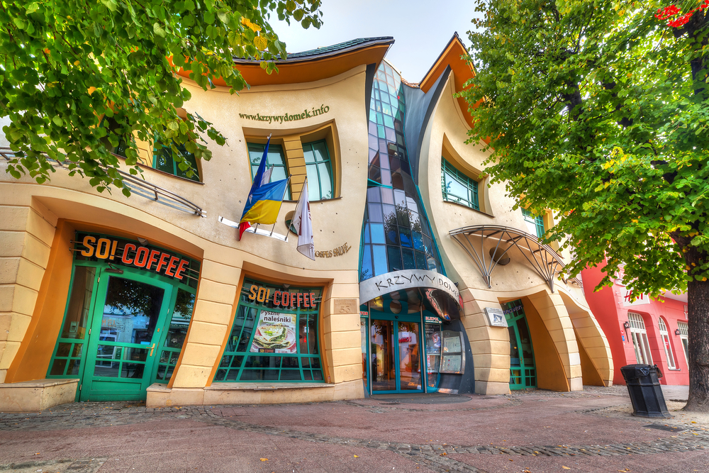 The Crooked house on the Heroes of Monte Cassino street in Sopot, Poland. The Crooked House is an irregularly-shaped, one of fifty strangest buildings of the world. 