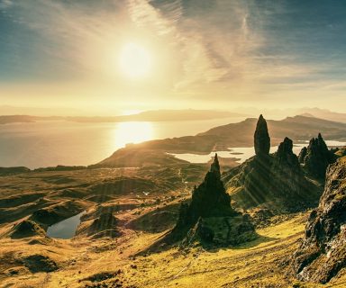 Morning view of Old Man of Storr rocks formation and lake Scotland. The one of the most photographed wonders in the Scotland.