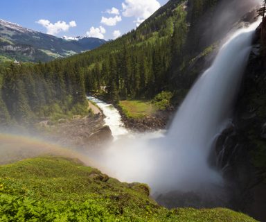 Beautiful Krimml Waterfalls with rainbow