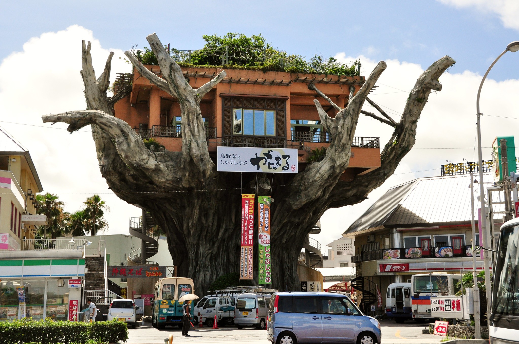 Naha's Treehouse Restaurant  This restaurant is a landmark located on Highway 58 at the entrance to Onoyama Park. Over the years, it has changed names several times. In its present incarnation, its name is "gajumaru", the Okinawan word for the banyan tree. Very appropriate given its location atop a giant banyan.