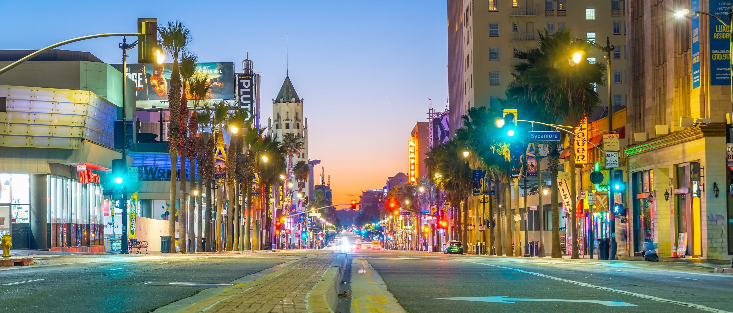 View of world famous Hollywood Boulevard district in Los Angeles, California, USA at twilight.