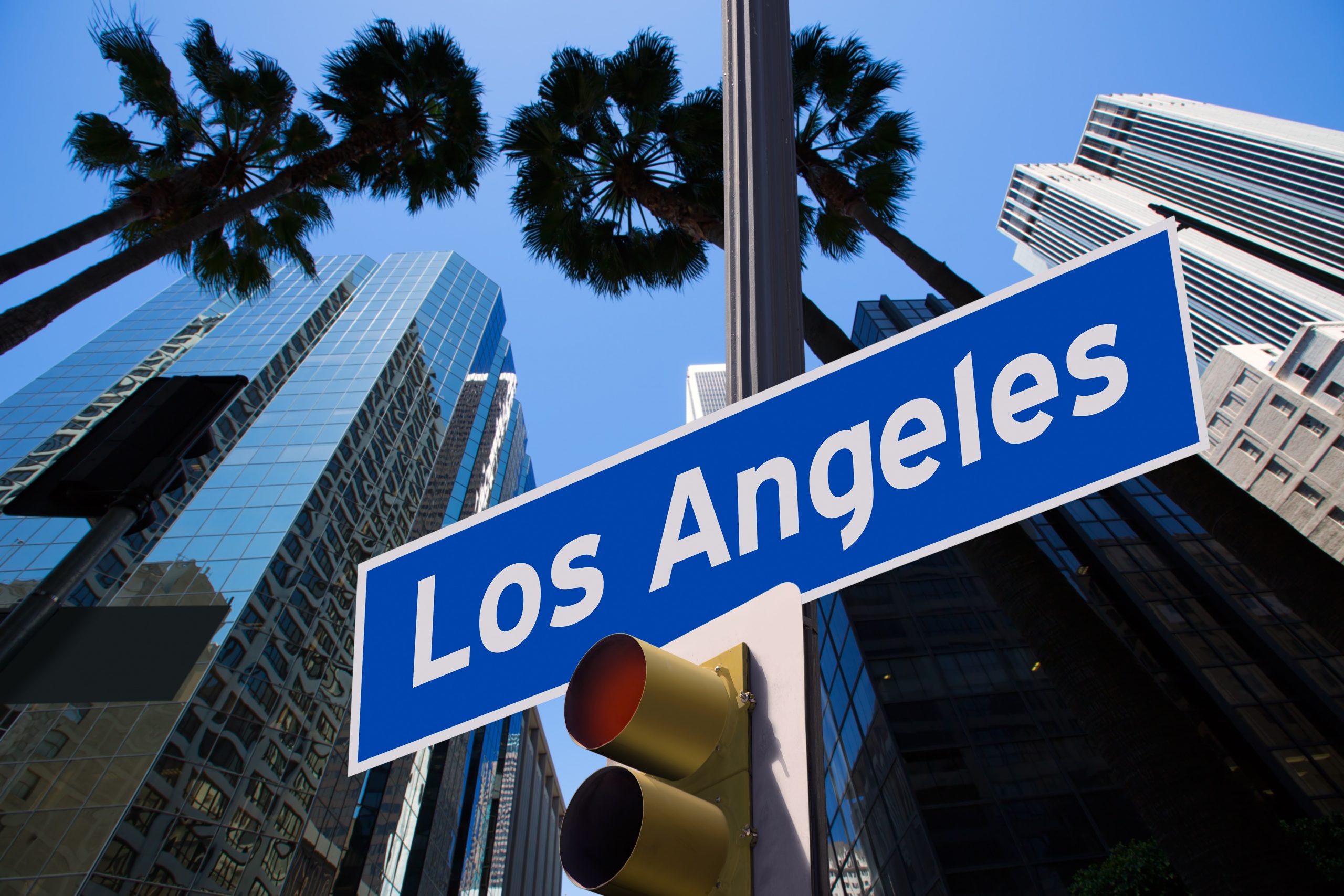 LA Los Angeles sign in redlight photo mount on downtown image