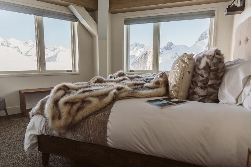 One of five guest bedrooms at Sheldon Chalet, Denali National Park, Alaska, USA