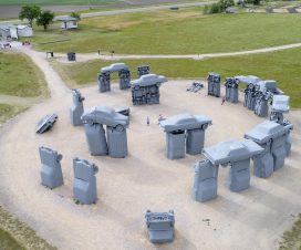 ALLIANCE, NE, USA - July 9, 2017: Carhenge - famous car sculpture created by Jim Reinders, a modern replica of England's Stonehenge using old cars, aerial view