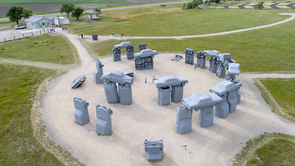 ALLIANCE, NE, USA - July 9, 2017:  Carhenge - famous car sculpture  created by Jim Reinders, a modern replica of  England's Stonehenge using old cars, aerial view