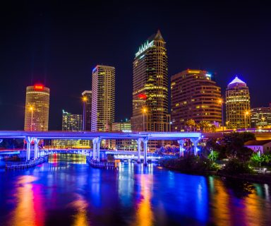 The skyline and bridges over the Hillsborough River at night in