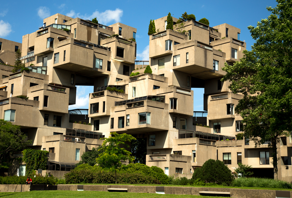 Habitat 67 is a housing complex in Montreal of 354 identical, prefabricated concrete forms arranged in various combinations, reaching up to 12 stories in height