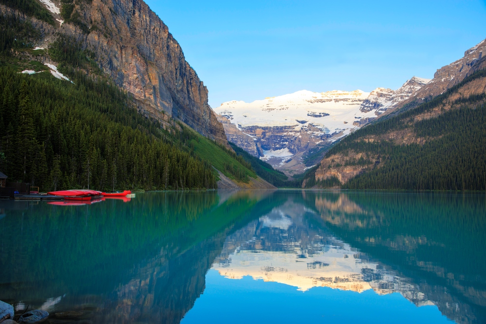 Lake Louise with a red canoe, Banff National Park, Canada