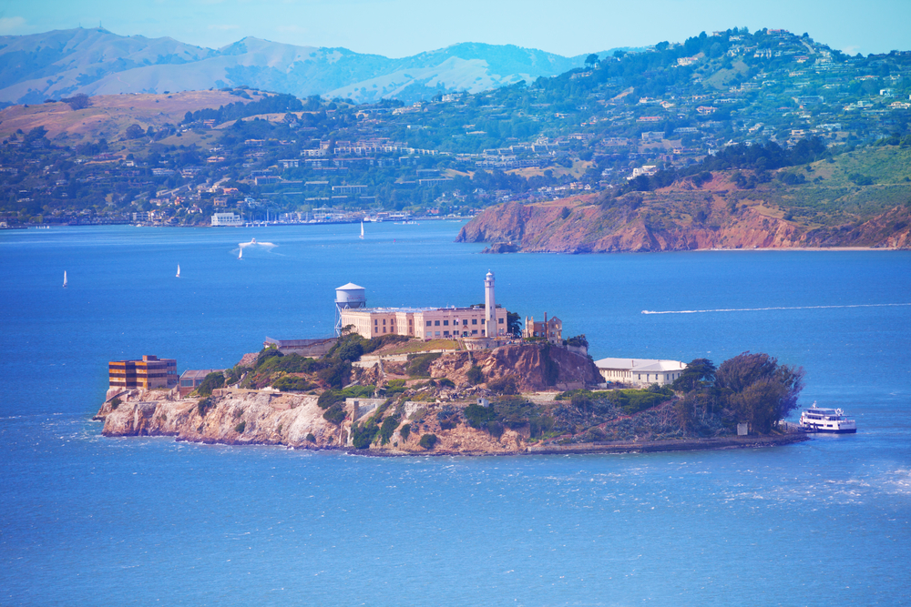 View from the city on Alcatraz island and prison and San Francisco bay
