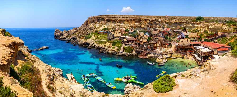 Aerial panorama of Popeye Village in the sunny day, Malta