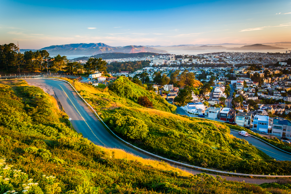 Road and view from Twin Peaks, in San Francisco, California.